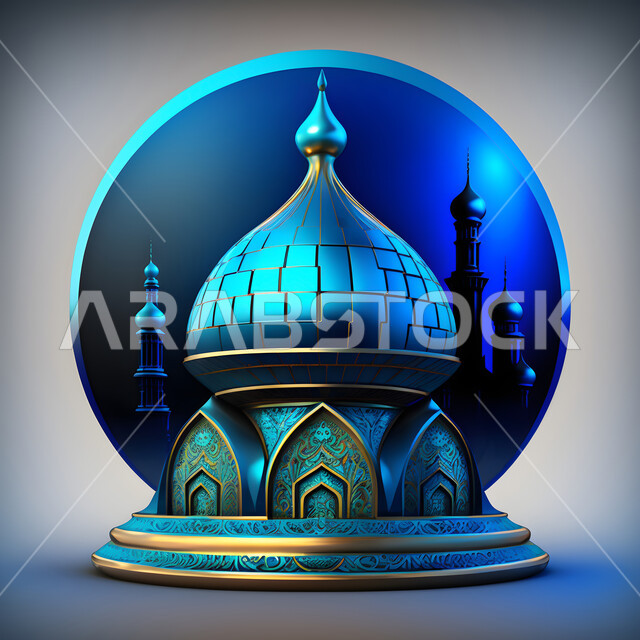 الديكورات والتصاميم الهندسية المميزة في رمضان المبارك، قدوم شهر الخير ، زينة الاعياد والمناسبات الدينية، مجسمات ثلاثية الابعاد للمساجد والقبب الزرقاء المزخرفه ،العبادة والتقرب إلى الله تعالى، خلفية رمادية