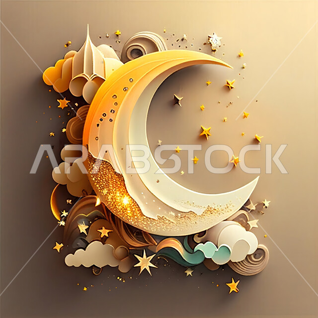 مجسمات ثلاثية الابعاد لهلال شهر الخير ،التصاميم و الديكورات الهندسية المميزة في رمضان المبارك، زينة المناسبات و الأعياد الدينية، العبادة والتقرب إلى الله تعالى ، خلفية زخارف اسلامية ثري دي