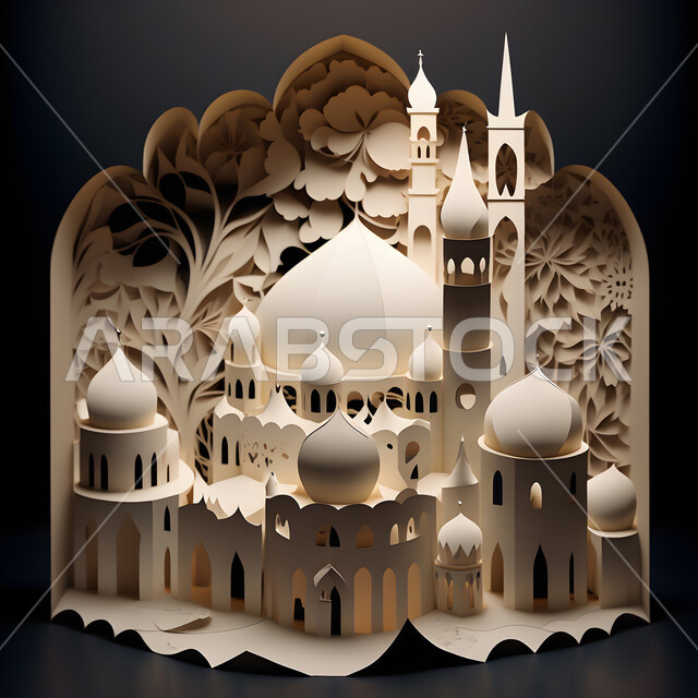 التصاميم و الديكورات الهندسية المميزة في رمضان المبارك، زينة المناسبات و الأعياد الدينية، العبادة والتقرب إلى الله تعالى، قدوم شهر الخير ،مجسمات ثلاثية الابعاد للمساجد والقبب المزخرفه ، خلفية رمادية