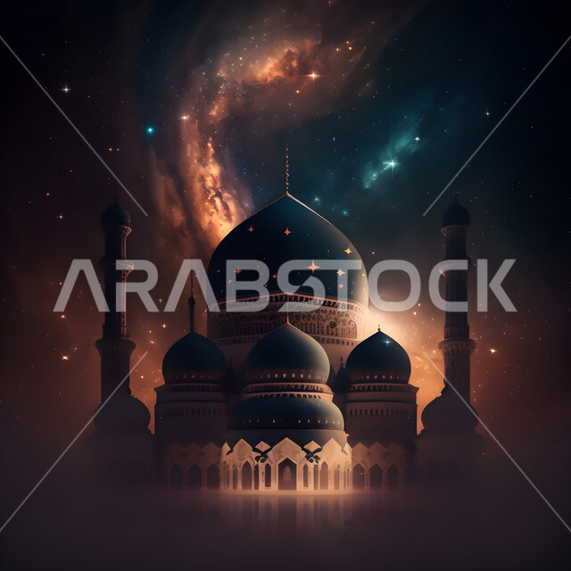  منظر السماء المرصعة بالنجوم ، الفن الهندسي المعماري الاسلامي، زينة الاعياد والمناسبات الدينية، مجسمات ثلاثية الابعاد للمساجد والقبب ، الديكورات والتصاميم الهندسية في رمضان المبارك، قدوم شهر الخير ،العبادة والتقرب إلى الله، خلفية زخارف اسلامية ثري دي