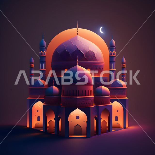 زينة الاعياد والمناسبات الدينية، العبادة والتقرب إلى الله تعالى، الديكورات والتصاميم الهندسية المميزة في رمضان المبارك، قدوم شهر الخير ، مجسمات ثلاثية الابعاد للمساجد والقبب الملونة المزخرفه على الاراضي الصحراوية مع هلال القمر