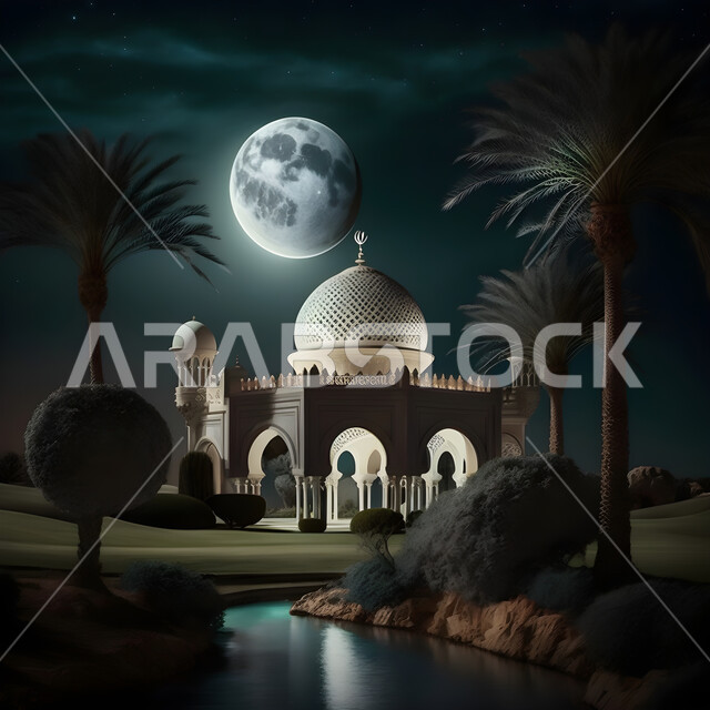 منظر السماء مع القمر المضيئ بدرا، زينة المناسبات و الأعياد الدينية، العبادة والتقرب إلى الله تعالى، الديكورات والتصاميم الهندسية المميزة في رمضان المبارك، قدوم شهر الخير ،مجسمات ثلاثية الابعاد للمساجد والقبب المزخرفه وسط الطبيعه الخضراء ليلا 