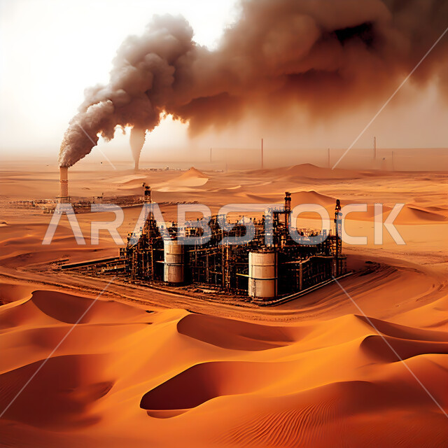 اعتماد التقنيات والتكنولوجيا الحديثة في إنتاجية النفط والغاز في المملكة العربية السعودية ،جودة أدوات ومعدات انتاج النفط، مصفاة البترول في الاراضي الصحراوية، الكثبان الرمليه الناعمة الذهبية 