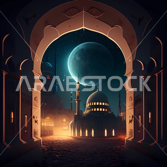 خلفية السماء مع القمر المضيء ليلا ،استقبال شهر الخير والبركة بالعبادة والتقرب إلى الله تعالى، زينة الاعياد والمناسبات الدينية، الديكورات والتصاميم الهندسية المميزة في رمضان المبارك، مجسمات ثلاثية الابعاد للمساجد والقبب