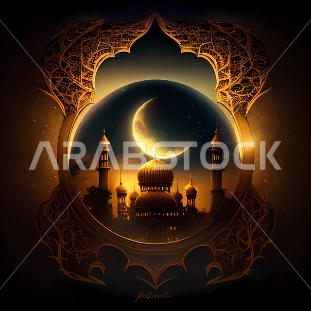 خلفية زخارف اسلامية ثري دي، العبادة والتقرب إلى الله تعالى، الديكورات والتصاميم الهندسية المميزة في رمضان المبارك، قدوم شهر الخير ، زينة الاعياد والمناسبات الدينية، مجسمات ثلاثية الابعاد للمساجد والقبب المزخرفه