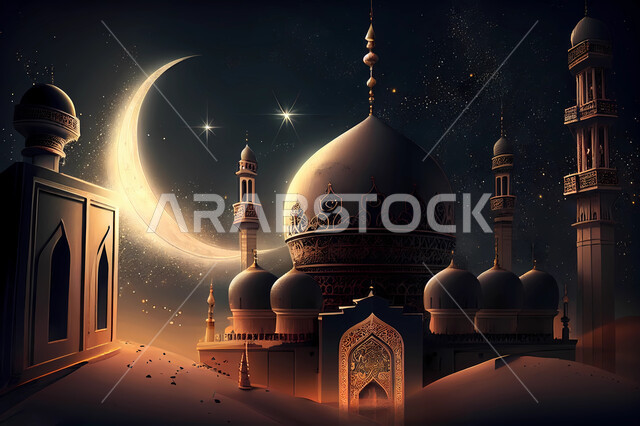 خلفية زخارف اسلامية ثري دي ،منظر السماء المرصعة بالنجوم مع هلال القمر، الفن الهندسي المعماري الاسلامي، زينة الاعياد والمناسبات الدينية، مجسمات ثلاثية الابعاد للمساجد والقبب ، الديكورات والتصاميم الهندسية في رمضان المبارك، قدوم شهر الخير ،العبادة والتقرب إلى الله