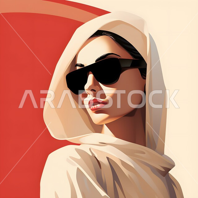 ايماءات الثقة بالنفس، بورتريه لامرأة عربية خليجية سعودية محجبة ترتدي النظارات الشمسية ، مفهوم الأنوثة والنعومة والاهتمام بالمظهر الخارجي، خلفية ملونة