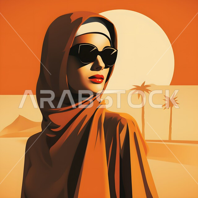 مفهوم الأنوثة والنعومة والاهتمام بالمظهر الخارجي، ايماءات الثقة بالنفس، بورتريه لامرأة عربية خليجية سعودية محجبة ترتدي النظارات الشمسية وتنظر لشيء ما ،خلفية الطبيعه الصحراوية