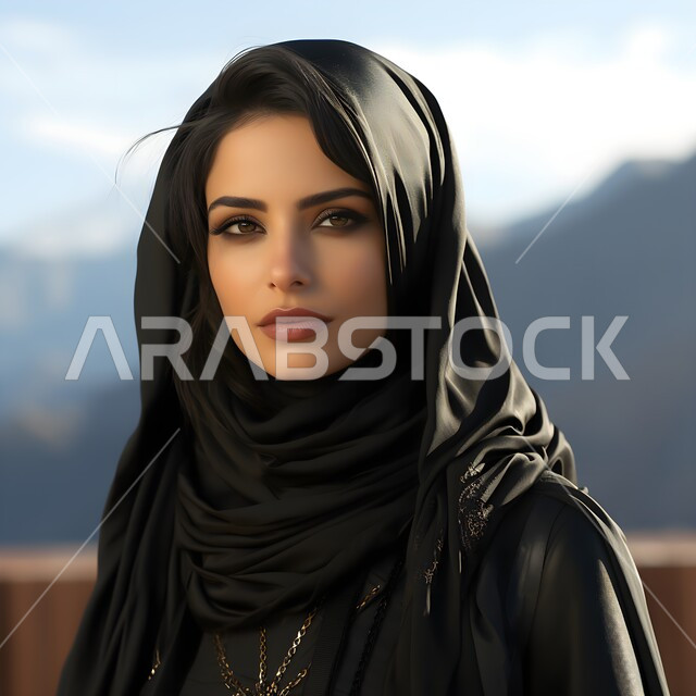 حجابات نسائية عصريه حديثة، مفهوم الأنوثة والنعومة والاهتمام بالمظهر الخارجي، النظر الى الكاميرا بايماءات الثقة بالنفس، صورة مقربة لامرأة عربية خليجية سعودية ترتدي الحجاب والعباءة السوداء