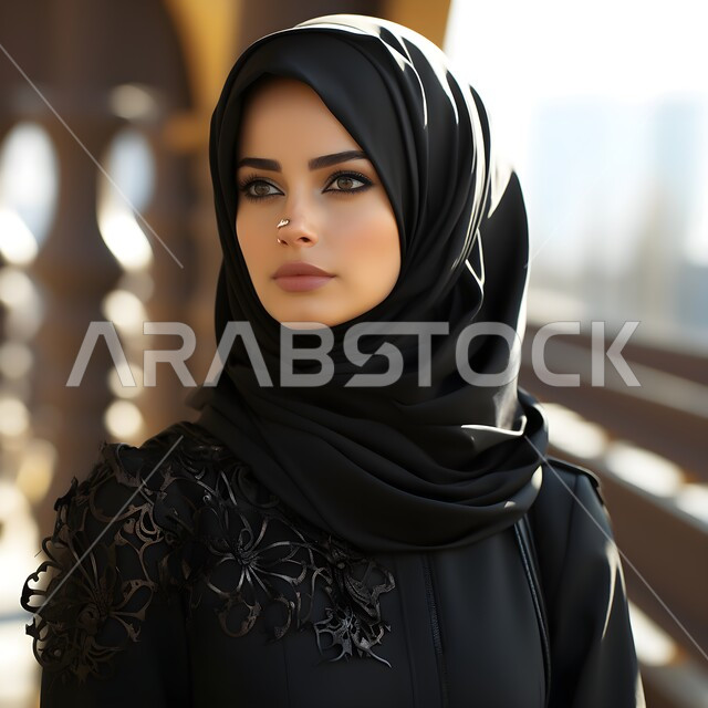 مفهوم الأنوثة والنعومة والاهتمام بالمظهر الخارجي، النظر الى شيء ما بايماءات الثقة بالنفس، صورة مقربة لامرأة عربية خليجية سعودية ترتدي الحجاب والعباءة السوداء، حجابات نسائية عصريه حديثه