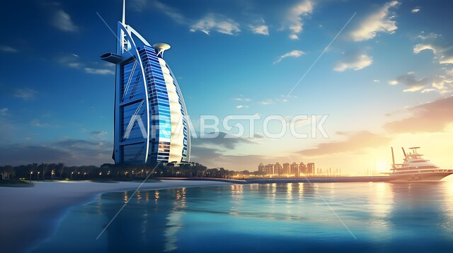  رسومات وتصاميم توضيحية للفن الهندسي المعماري لبرج العرب المطل على بحيرة دبي في دولة الامارات العربية المتحدة، لوحة فنية بألوان مائية للابراج وناطحات السحاب ،منظر السماء مع الغيوم البيضاء وقت غروب الشمس