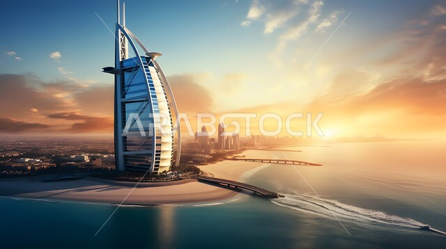 منظر السماء مع الغيوم البيضاء وقت غروب الشمس , رسومات وتصاميم توضيحية للفن الهندسي المعماري لبرج العرب المطل على بحيرة دبي في دولة الامارات العربية المتحدة، لوحة فنية بألوان مائية للابراج وناطحات السحاب