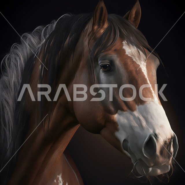 حب الخيول العربية السعودية، رمز الفروسية والشجاعه، تصاميم فنية للديكورات والمجسمات التراثية التقليدية ،مجسم ثلاثي الأبعاد لرأس حصان بني عربي اصيل ،خلفية سوداء