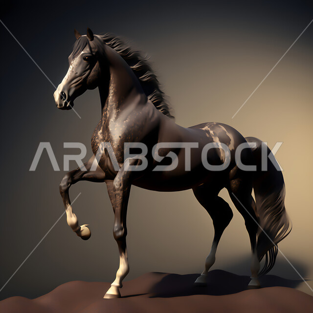 رمز الفروسية والشجاعه، تصاميم فنية للديكورات والمجسمات التراثية التقليدية ،مجسم ثلاثي الأبعاد لحصان بني عربي اصيل ،حب الخيول العربية السعودية، خلفية ملونة