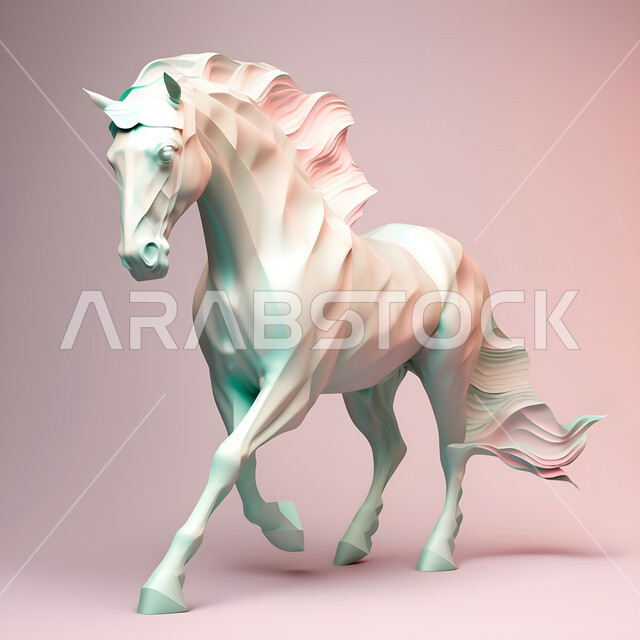  تصاميم فنية للديكورات والمجسمات التراثية التقليدية ،مجسم ثلاثي الأبعاد لحصان أبيض عربي اصيل ،حب الخيول العربية السعودية، رمز الفروسية والشجاعه، خلفية وردية
