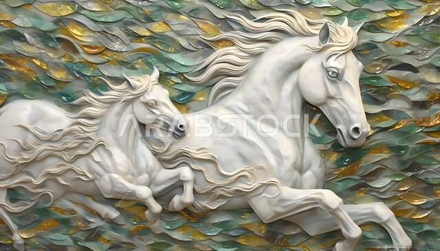 مجسم ثلاثي الأبعاد لأحصنة بيضاء عربية اصيلة ،تصاميم جدارية فنية للديكورات والمجسمات التراثية التقليدية ،حب الخيول العربية السعودية، رمز الفروسية والشجاعه، خلفية ملونة