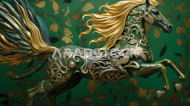 تصاميم جدارية فنية للديكورات والمجسمات التراثية التقليدية ،حب الخيول العربية السعودية، رمز الفروسية والشجاعه، مجسم ثلاثي الأبعاد لحصان بني عربي اصيل مزخرف ،خلفية ملونة