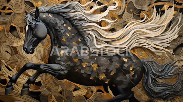 تصاميم فنية جدارية للديكورات والمجسمات التراثية التقليدية ،حب الخيول العربية السعودية، رمز الفروسية والشجاعه، مجسم ثلاثي الأبعاد لحصان بني عربي اصيل مزخرف ،خلفية ملونة
