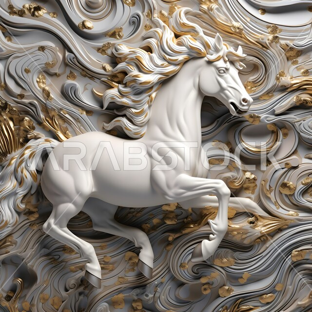 حب الخيول العربية السعودية، مجسم ثلاثي الأبعاد لحصان ابيض عربي اصيل ،تصاميم جدارية فنية للديكورات والمجسمات التراثية التقليدية ، رمز الفروسية والشجاعه، خلفية زخارف ثري دي