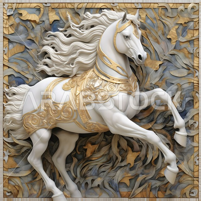 مجسم ثلاثي الأبعاد لحصان ابيض عربي اصيل مزخرف باللون الذهبي ،تصاميم جدارية فنية للديكورات والمجسمات التراثية التقليدية ،حب الخيول العربية السعودية، رمز الفروسية والشجاعه، خلفية ملونة
