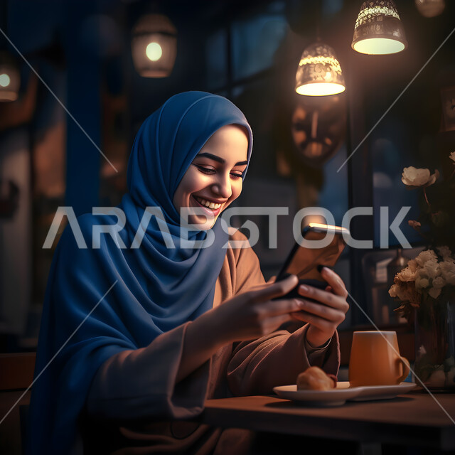  التواصل والدردشة من الاصدقاء والاقارب، صورة مقربة لسيدة عربي خليجيه سعودية مبتسمة محجبة تجلس في إحدى المقاهي و تحمل بيدها الهاتف المحمول بإيماءات السرور، تصفح مواقع التواصل الاجتماعي، مفهوم التسوق الالكتروني