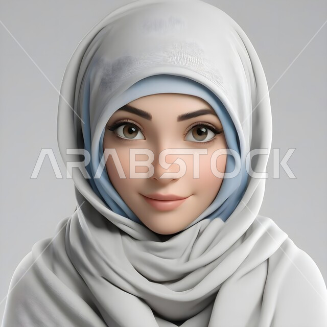 مفهوم الأنوثة والنعومة والاهتمام بالمظهر الخارجي، بورتريه مقرب لامرأة عربية خليجية سعودية محجبة تنظر إلى الكاميرا بايماءات الثقة بالنفس، رسوم فوتوجرافية ثلاثية الأبعاد، صورة شخصية للوثائق الرسمية، خلفية رمادية.