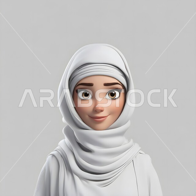 مفهوم الأنوثة والنعومة والاهتمام بالمظهر الخارجي، بورتريه مقرب لامرأة عربية خليجية سعودية محجبة تنظر إلى الكاميرا بايماءات الثقة بالنفس، رسوم فوتوجرافية ثلاثية الأبعاد، صورة شخصية للوثائق الرسمية، خلفية رمادية.
