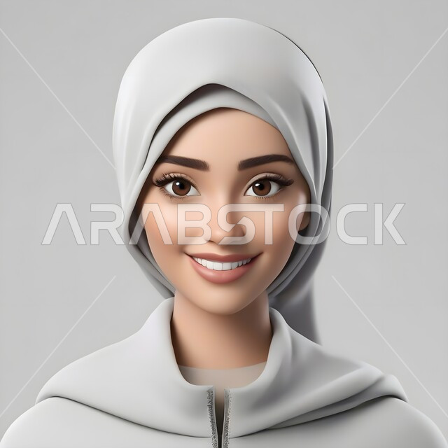 رسوم فوتوجرافية ثلاثية الأبعاد، مفهوم الأنوثة والنعومة والاهتمام بالمظهر الخارجي، بورتريه مقرب لامرأة عربية خليجية سعودية محجبة مبتسمة تنظر إلى الكاميرا بايماءات الثقة بالنفس، صورة شخصية للوثائق الرسمية، خلفية رمادية.