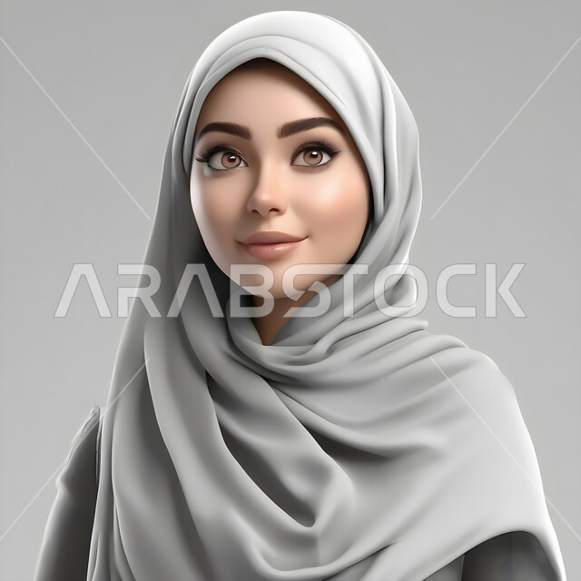 حجابات نسائية إسلامية راقية، مفهوم الأنوثة والنعومة والاهتمام بالمظهر الخارجي، بورتريه مقرب لامرأة عربية خليجية سعودية محجبة مبتسمة تنظر إلى شيء ما بايماءات الثقة بالنفس، خلفية رمادية.
