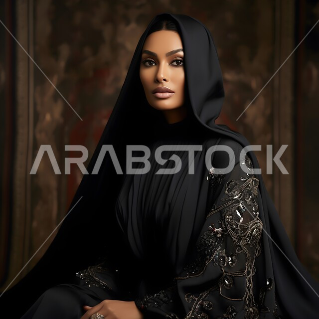 Modern, sophisticated women’s hijab, the concept of femininity, softness, and attention to external appearance, looking at the camera with gestures of self-confidence, a close-up photo of a Saudi Gulf Arab woman wearing the hijab and black abaya.