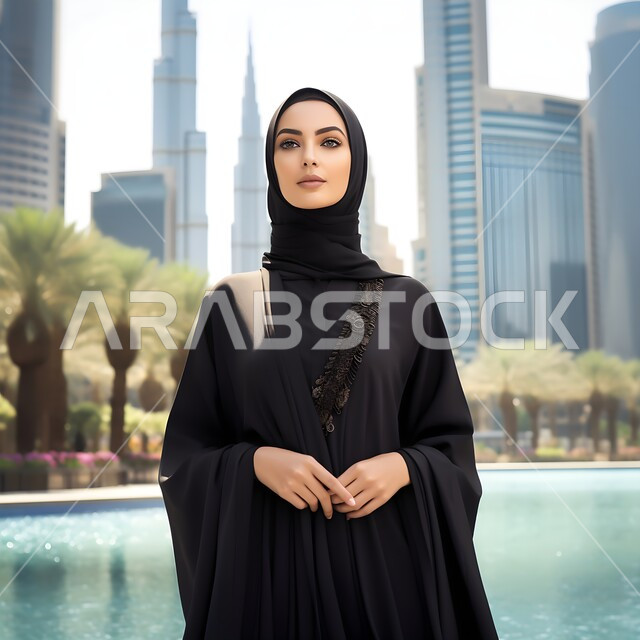 زراعة أشجار النخيل الخضراء، حجابات وملابس نسائية عصريه راقية، مفهوم الأنوثة والنعومة والاهتمام بالمظهر الخارجي، امرأة عربية خليجية سعودية ترتدي الحجاب والعباءة السوداء تقف باستقامة وتنظر إلى شيء ما، خلفية الأبراج وناطحات السحاب على الواجهة البحرية.