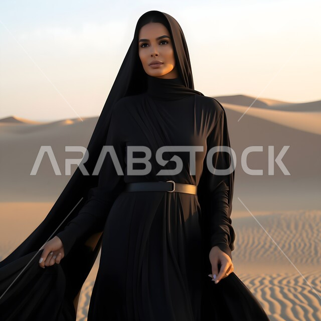 ملابس وحجابات نسائية عصريه راقية، مفهوم الأنوثة والنعومة والاهتمام بالمظهر الخارجي، امرأة عربية خليجية سعودية ترتدي الحجاب والعباءة السوداء تقف باستقامة وتنظر إلى شيء ما، خلفية التلال والكثبان الرملية في الصحراء.
