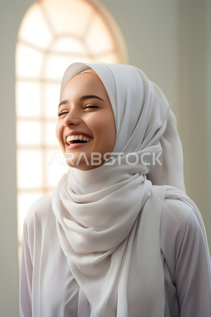 ملابس وحجابات نسائية بتصاميم عصريه مميزة وراقية، مفهوم الأنوثة والنعومة والاهتمام بالمظهر الخارجي، امرأة عربية خليجية سعودية ترتدي الحجاب والعباءة البيضاء وتضحك، إيماءات تدل على الفرح والسعادة.