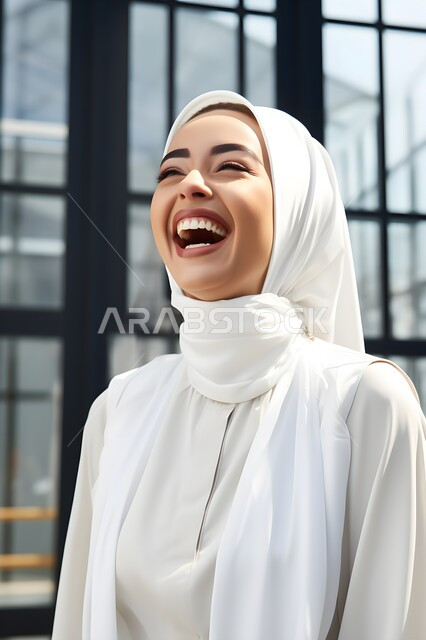 ملابس وحجابات نسائية بتصاميم عصريه مميزة وراقية، مفهوم الأنوثة والنعومة والاهتمام بالمظهر الخارجي، امرأة عربية خليجية سعودية ترتدي الحجاب والعباءة البيضاء وتضحك، إيماءات تدل على الفرح والسعادة.
