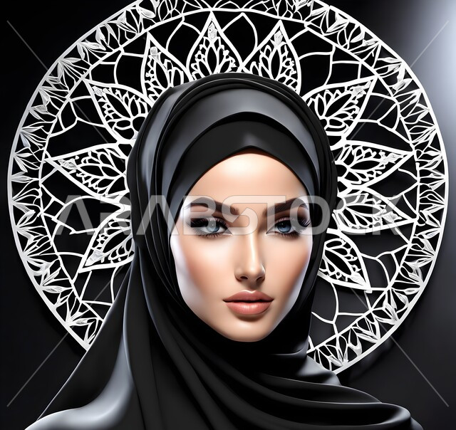 أزياء مسلمات محجبات، النظر إلى الكاميرا بإيماءات الثقة بالنفس، ملابس وحجابات نسائية بتصاميم عصريه مميزة وراقية، مفهوم الأنوثة والنعومة والاهتمام بالمظهر الخارجي، صورة مقربة لامرأة عربية خليجية سعودية ترتدي الحجاب والعباءة السوداء، خلفية مزخرفة.