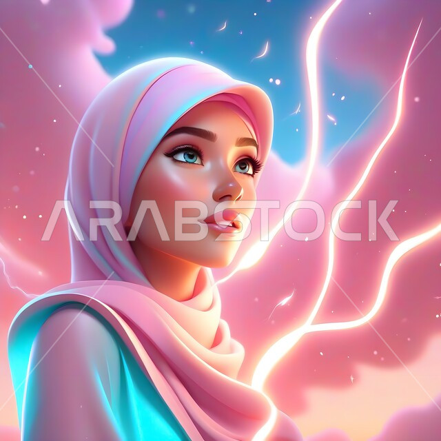 النظر إلى شيء ما، حجابات نسائية إسلامية بتصاميم عصريه مميزة وراقية، مفهوم الأنوثة والنعومة والاهتمام بالمظهر الخارجي، صورة مقربة لامرأة عربية خليجية سعودية ترتدي الحجاب والعباءة الوردية.