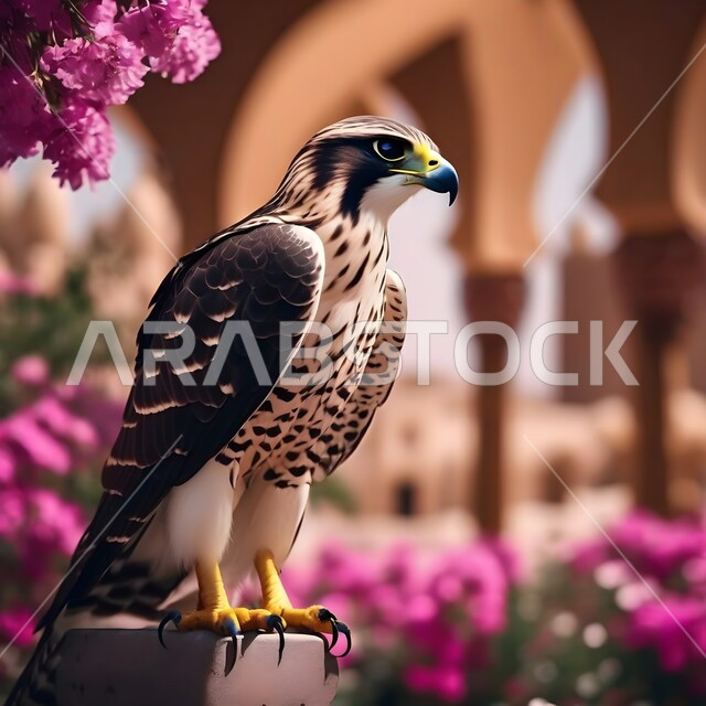 رمز القوة والتحدي، طائر الصقر الجارح في إحدى المحميات الطبيعية،  الفخر بالتراث السعودي العريق في تربية الطيور الجارحة والمفترسة، خلفية الأزهار والورود الملونة.