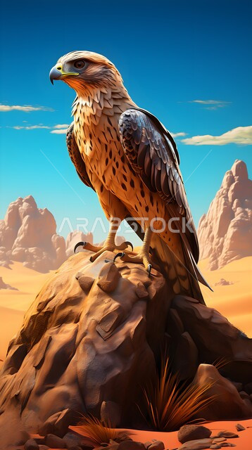 رمز القوة والتحدي، طائر الصقر الجارح يقف على الحجارة الصخرية في إحدى المحميات الطبيعية،  الفخر بالتراث السعودي العريق في تربية الطيور الجارحة والمفترسة، خلفية السماء المليئة بالغيوم.