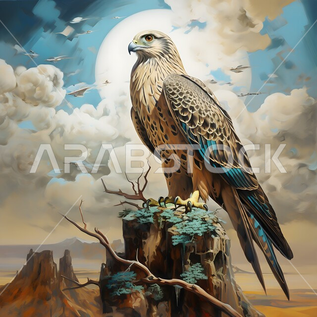 رمز القوة والتحدي، طائر الصقر الجارح يقف على الحجارة الصخرية في إحدى المحميات الطبيعية،  الفخر بالتراث السعودي العريق في تربية الطيور الجارحة والمفترسة، خلفية السماء المليئة بالغيوم.
