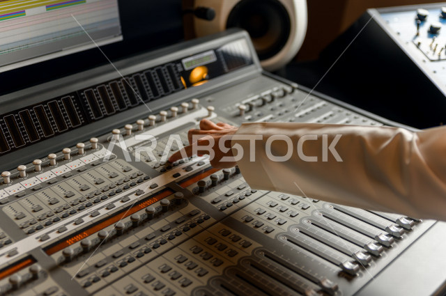 شاب سعودي يعمل كمرسال خارج الاستديو ،يعالج الاصوات المسجلة داخل الاستديو عن طريق برمجيات صوتية من خلال جهاز الحاسوب المخصص ، استديو تسجيل صوتي ، بث مباشر ، فريق الاعداد ، الاذاعة الصوتية ، نشرات اخبارية