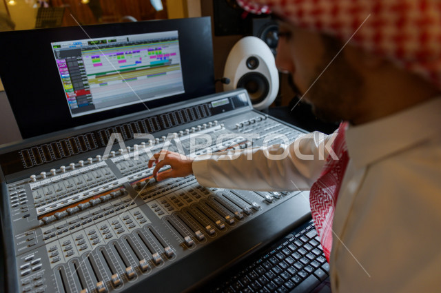 شاب سعودي يعمل كمرسال خارج الاستديو ،يعالج الاصوات المسجلة داخل الاستديو عن طريق برمجيات صوتية من خلال جهاز الحاسوب المخصص ، استديو تسجيل صوتي ، بث مباشر ، فريق الاعداد ، الاذاعة الصوتية ، نشرات اخبارية