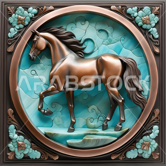ديكورات وتصاميم جدارية تراثية تقليدية ،الشغف بالاحصنة العربية السعودية، مجسم ثلاثي الابعاد لخيل عربي أصيل داخل اطار ملون مزين بالزخارف ،رموز الفروسيه والشجاعه