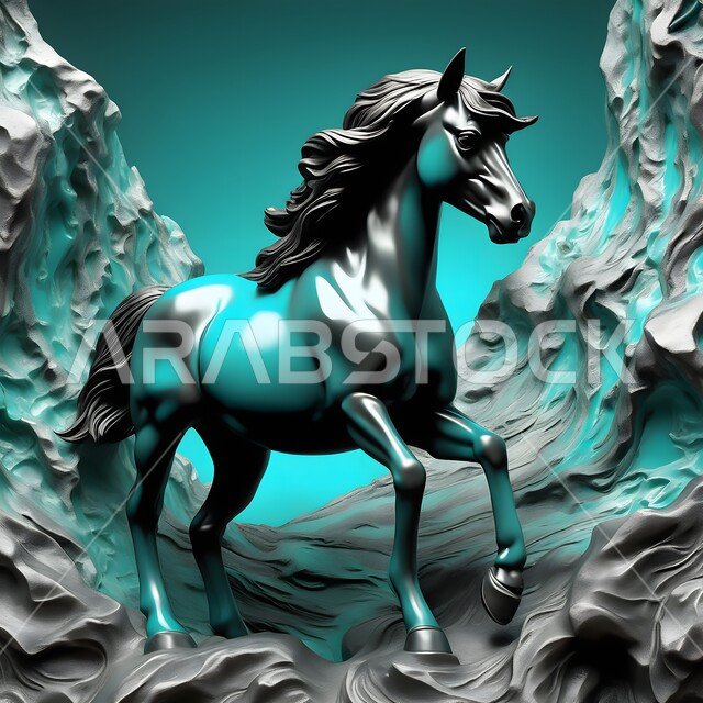 تصاميم جدارية فنية للديكورات والمجسمات التراثية التقليدية ،مجسم ثلاثي الأبعاد لحصان عربي اصيل أخضر اللون ،حب الخيول العربية السعودية، رمز الفروسية والشجاعه، خلفية خضراء