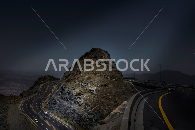 البيئة الجبلية والقمم والمرتفعات في المملكة العربية السعودية، طريق حدة الاسفلتي الملتوي الوعر وسط جبال الهدا الصخرية في مدينة الطائف, أماكن طبيعيه سياحية, خلفية الطبيعه