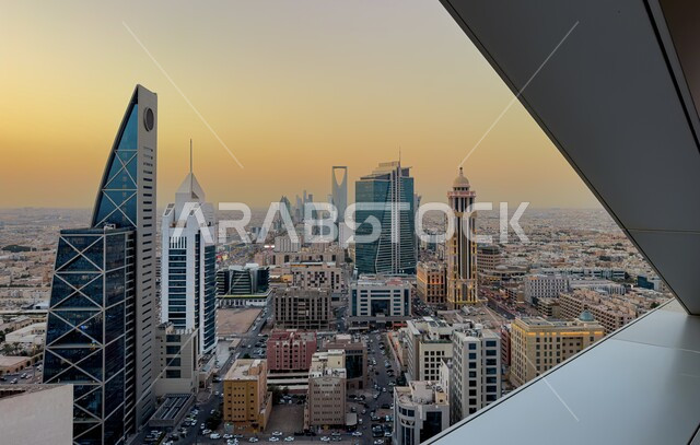 Towers and skyscrapers at sunset in Saudi Arabia, architectural art of commercial and residential buildings and facilities in Riyadh, urban growth and development