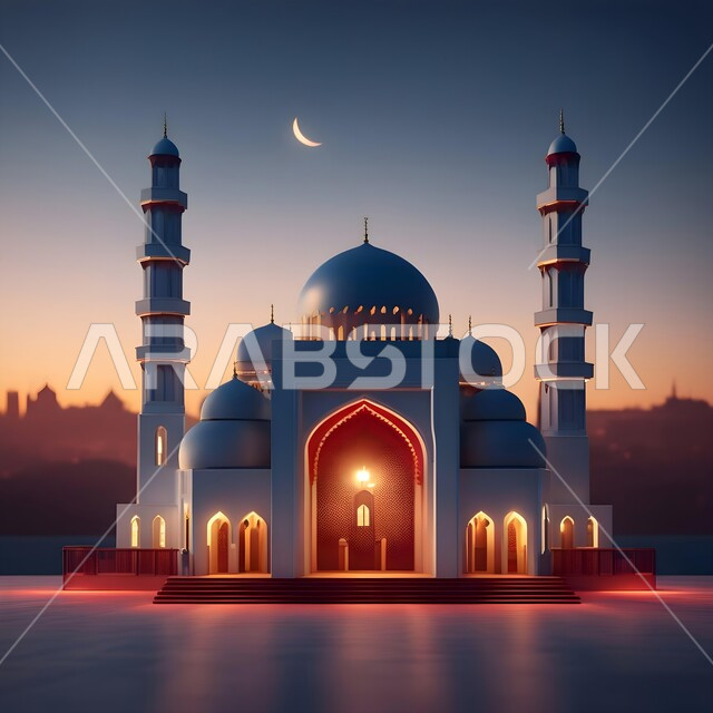 زينة الاعياد والمناسبات الدينية، استقبال شهر الخير بالعبادة والتقرب إلى الله تعالى، الديكورات والتصاميم الهندسية المميزة في رمضان المبارك، مجسمات ثلاثية الابعاد للمساجد والقبب الملونة المزخرفه مع هلال القمر.