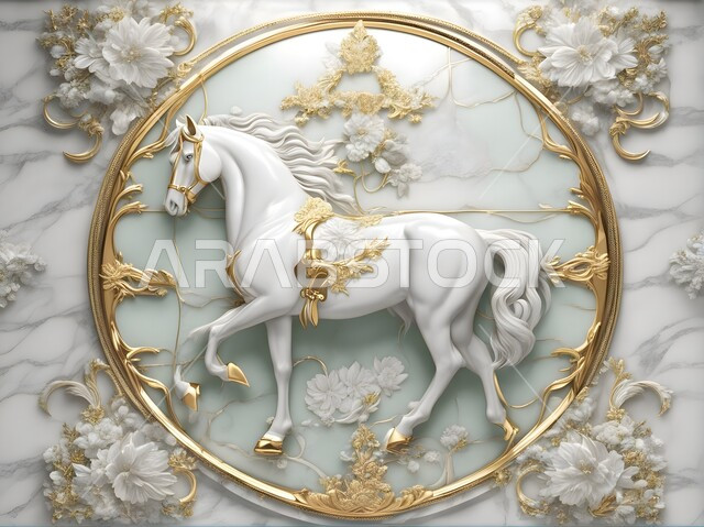 تصاميم مبتكرة فنية للديكورات والمجسمات التراثية التقليدية، مجسم جداري ثلاثي الأبعاد لحصان أبيض عربي أصيل، زينة واكسسوارات ذهبية، رمز الفروسية والشجاعه، شغف السعوديين بالخيول العربية السعودية.