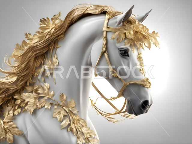 حب وعشق السعوديين للخيول العربية السعودية، رمز الفروسية والشجاعه، تصاميم فنية مبتكرة للديكورات والمجسمات التراثية التقليدية، مجسم ثلاثي الأبعاد لحصان أبيض عربي أصيل.