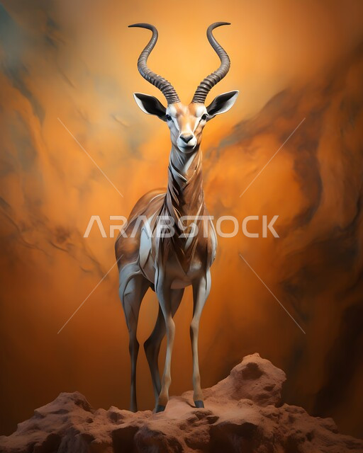 التصاميم الجدارية ثلاثية الابعاد, اللوحات الفنية للحيوانات البرية, لوحة زيتية بالألوان لحيوان المها السعودي العربي الأصيل يقف على إحدى الحجارة الصخرية في إحدى المحميات الطبيعية