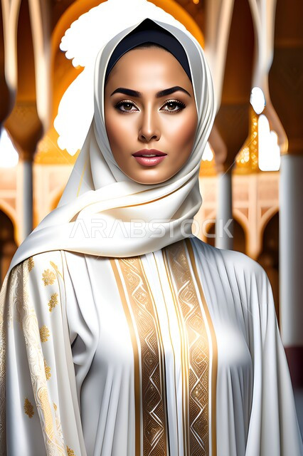 الذوق الرفيع باختيار الملابس، مفهوم الأناقة والثقة بالنفس،صورة مقربة لامرأة عربية خليجية سعودية محجبة ترتدي العباءة وتنظر الى الكاميرا بثقة، ملابس وحجابات نسائية وعصرية راقية، صورة شخصية للوثائق الرسمية، خلفية جامع 